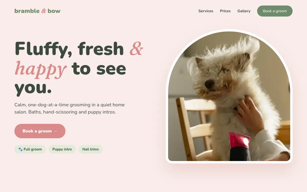 Example: fictional dog groomer homepage