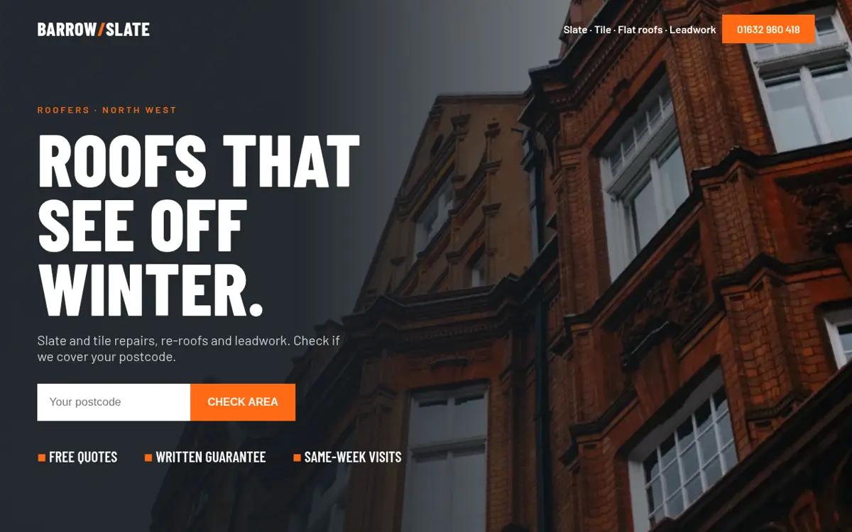 Example: fictional roofer homepage, slate and orange