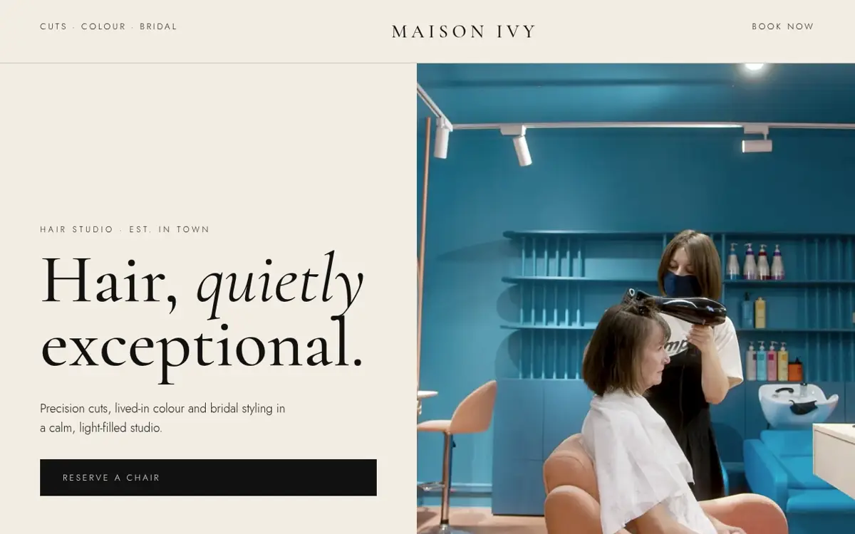 Example: fictional hair salon homepage, editorial serif