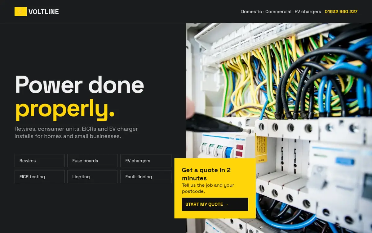 Example: fictional electrician homepage, charcoal and yellow
